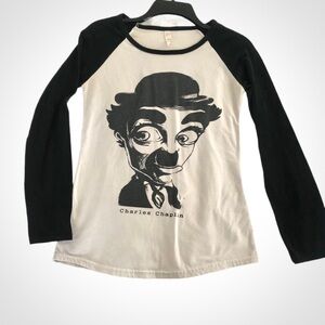 VTG Black and White Charlie Chaplin Caricature Long Sleeve Shirt